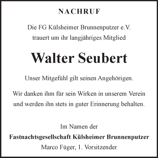 Traueranzeige von Walter Seubert von Fränkische Nachrichten