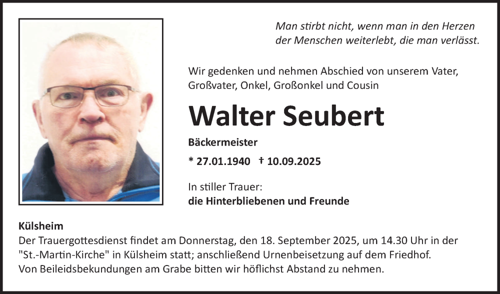  Traueranzeige für Walter Seubert vom 16.09.2025 aus Fränkische Nachrichten