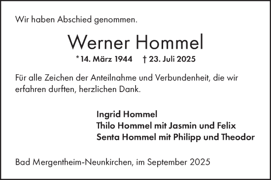 Traueranzeige von Werner Hommel von Fränkische Nachrichten
