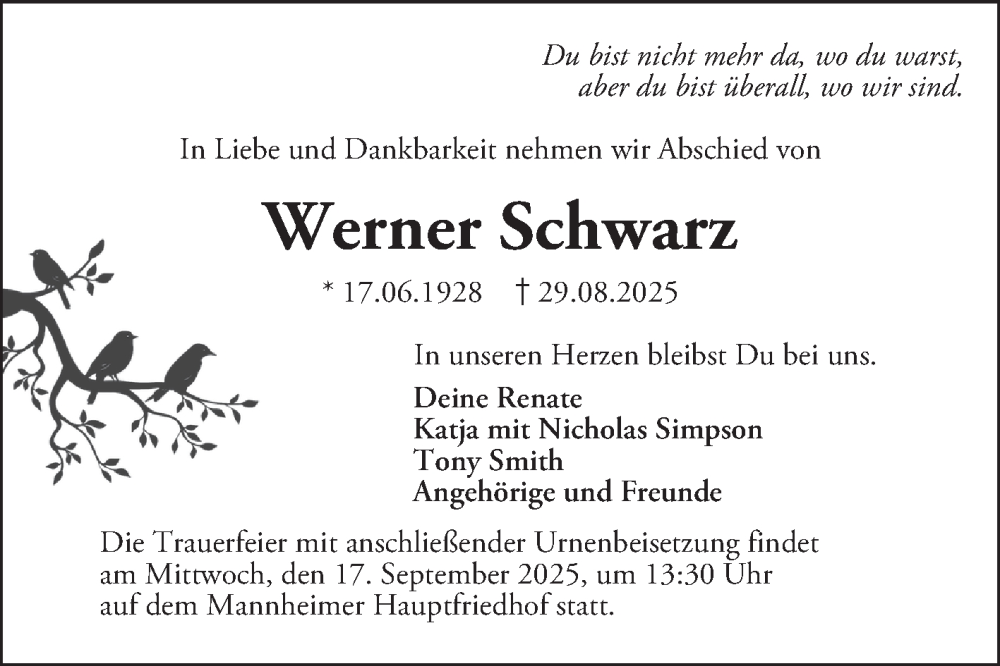  Traueranzeige für Werner Schwarz vom 06.09.2025 aus Mannheimer Morgen
