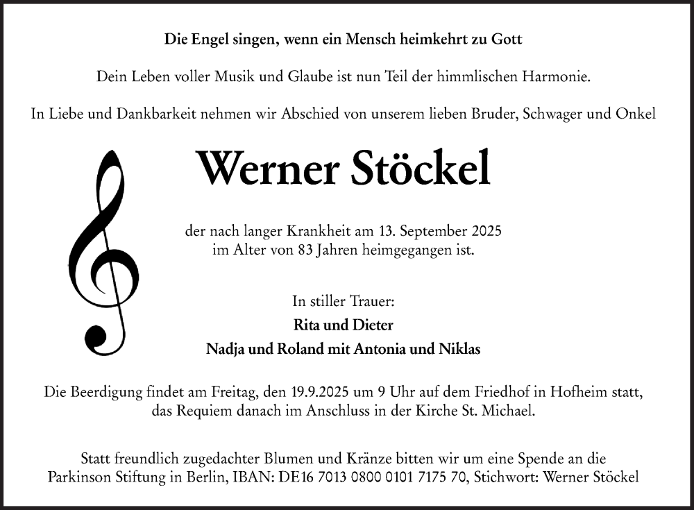  Traueranzeige für Werner Stöckel vom 18.09.2025 aus Mannheimer Morgen