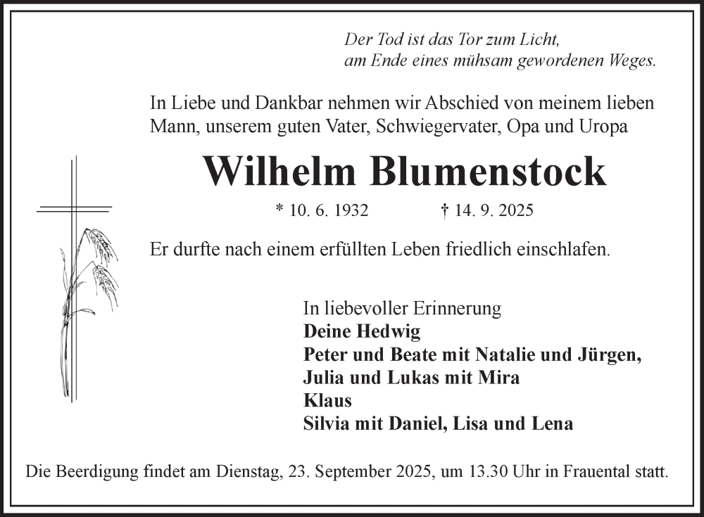  Traueranzeige für Wilhelm Blumenstock vom 19.09.2025 aus Fränkische Nachrichten