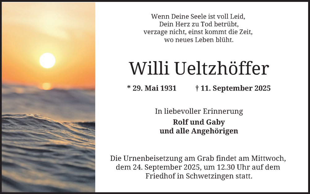  Traueranzeige für Willi Ueltzhöffer vom 20.09.2025 aus Schwetzinger Zeitung