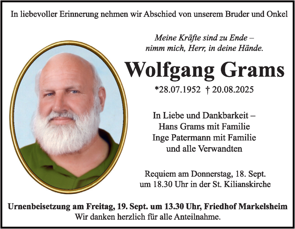  Traueranzeige für Wolfgang Grams vom 13.09.2025 aus Fränkische Nachrichten