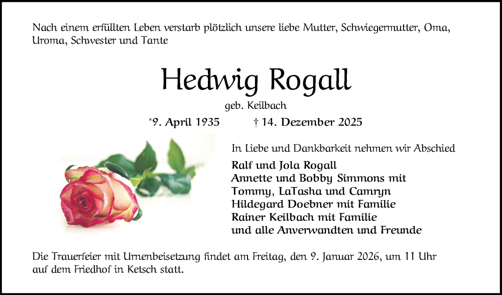  Traueranzeige für Hedwig Rogall vom 05.01.2026 aus Schwetzinger Zeitung
