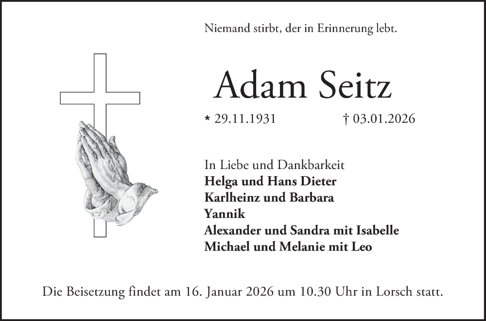  Traueranzeige für Adam Seitz vom 10.01.2026 aus Bergsträßer Anzeiger