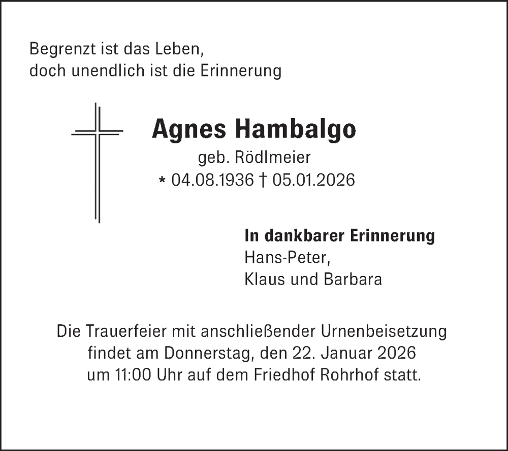  Traueranzeige für Agnes Hambalgo vom 17.01.2026 aus Schwetzinger Zeitung
