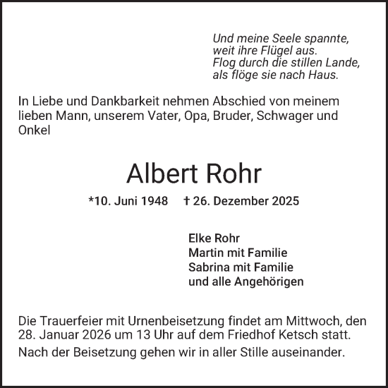 Traueranzeige von Albert Rohr von Schwetzinger Zeitung