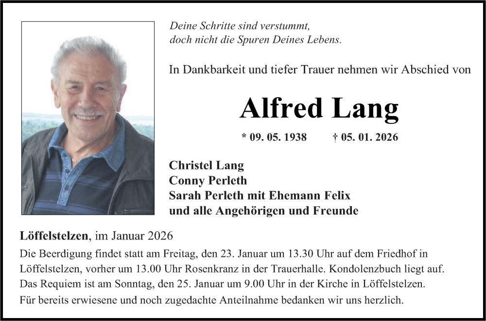  Traueranzeige für Alfred Lang vom 17.01.2026 aus Fränkische Nachrichten