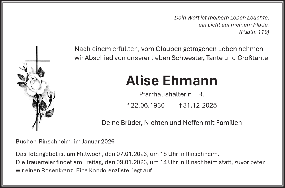  Traueranzeige für Alise Ehmann vom 07.01.2026 aus Fränkische Nachrichten