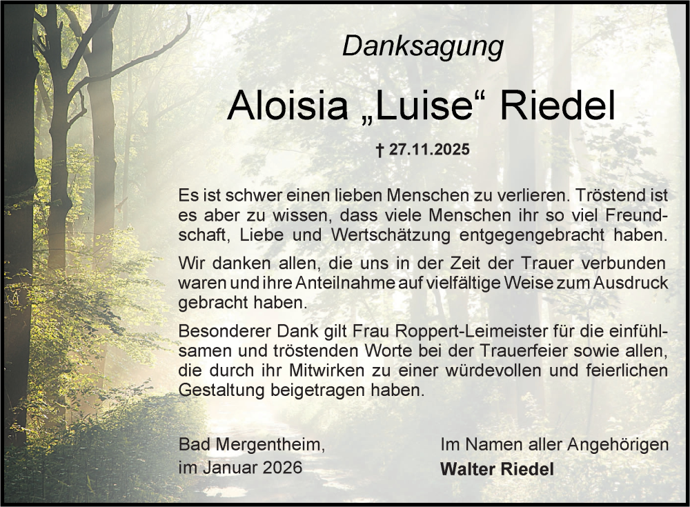  Traueranzeige für Aloisia Riedel vom 24.01.2026 aus Fränkische Nachrichten