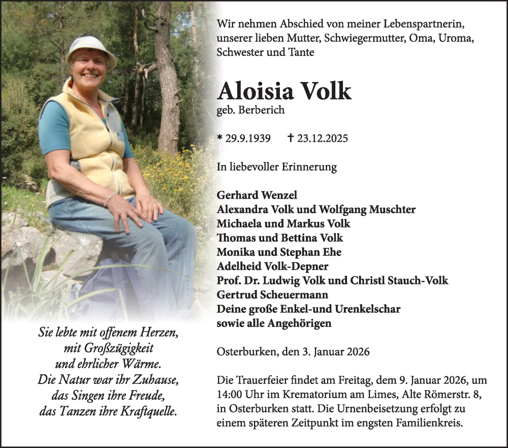  Traueranzeige für Aloisia Volk vom 03.01.2026 aus Fränkische Nachrichten