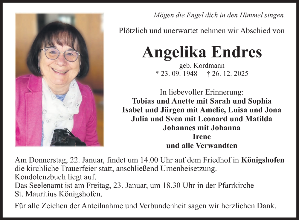  Traueranzeige für Angelika Endres vom 17.01.2026 aus Fränkische Nachrichten