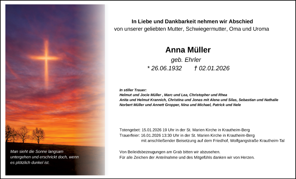  Traueranzeige für Anna Müller vom 12.01.2026 aus Fränkische Nachrichten