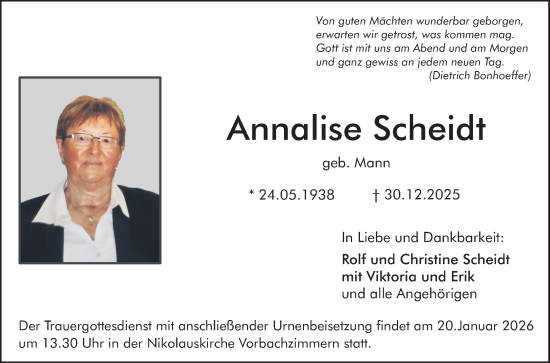 Traueranzeige von Annalise Scheidt von Fränkische Nachrichten