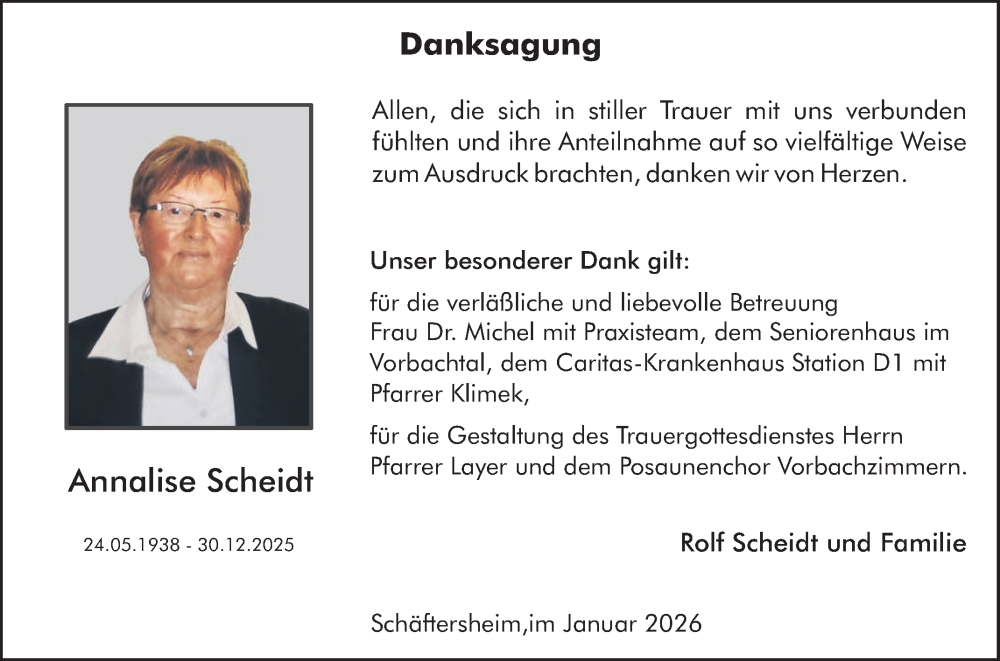  Traueranzeige für Annalise Scheidt vom 30.01.2026 aus Fränkische Nachrichten