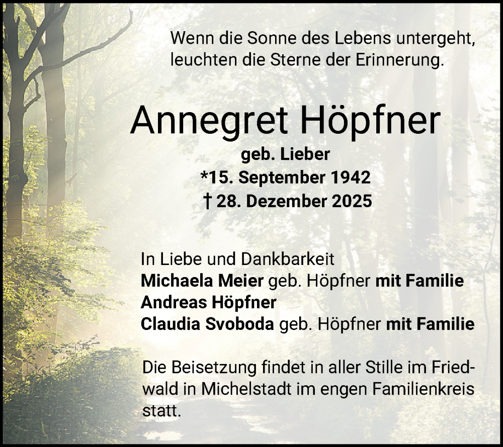  Traueranzeige für Annegret Höpfner vom 12.01.2026 aus 