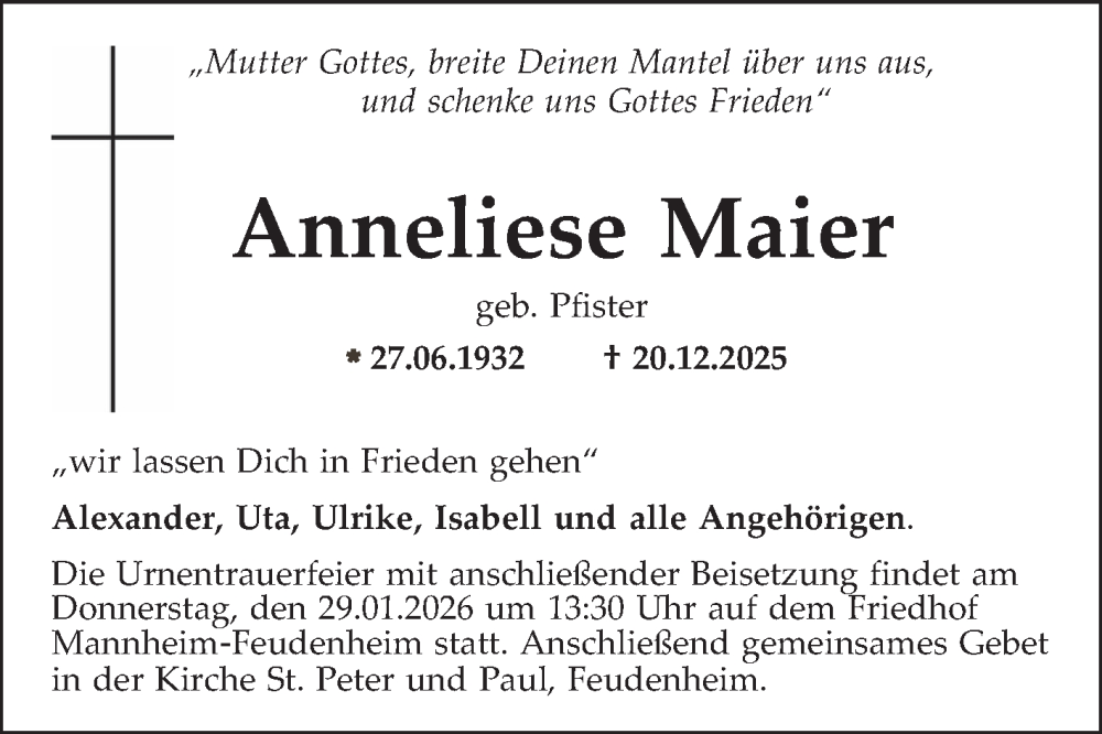 Traueranzeige für Anneliese Maier vom 10.01.2026 aus Mannheimer Morgen