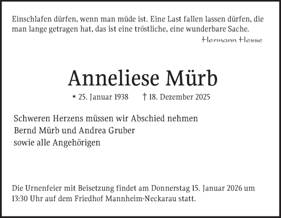 Traueranzeige von Anneliese Mürb von Mannheimer Morgen