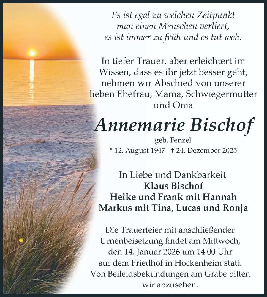  Traueranzeige für Annemarie Bischof vom 10.01.2026 aus Schwetzinger Zeitung