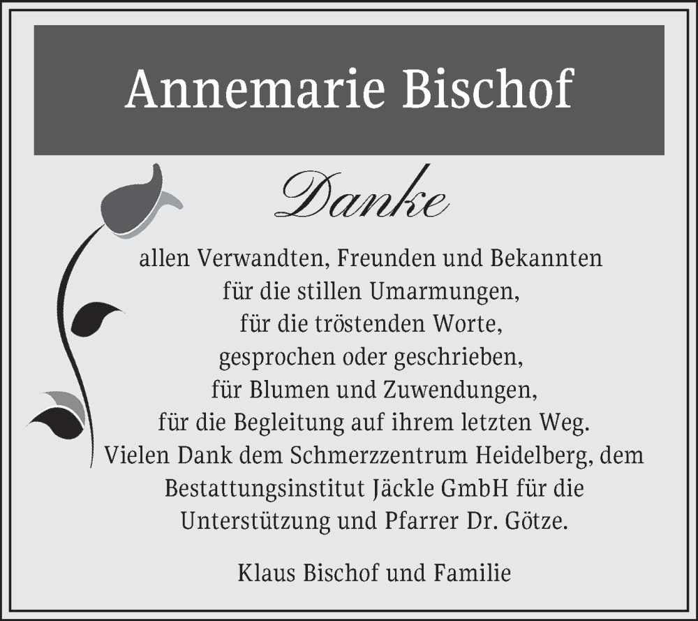  Traueranzeige für Annemarie Bischof vom 24.01.2026 aus Schwetzinger Zeitung