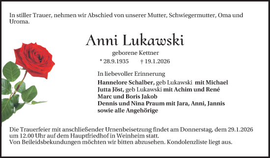 Traueranzeige von Anni Lukawski von Mannheimer Morgen