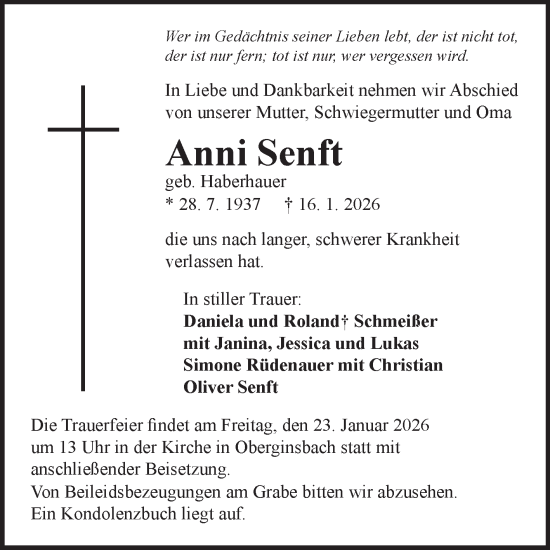 Traueranzeige von Anni Senft von Fränkische Nachrichten
