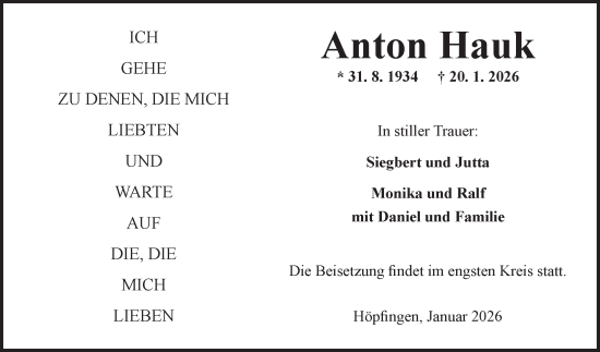 Traueranzeige von Anton Hauk von Fränkische Nachrichten