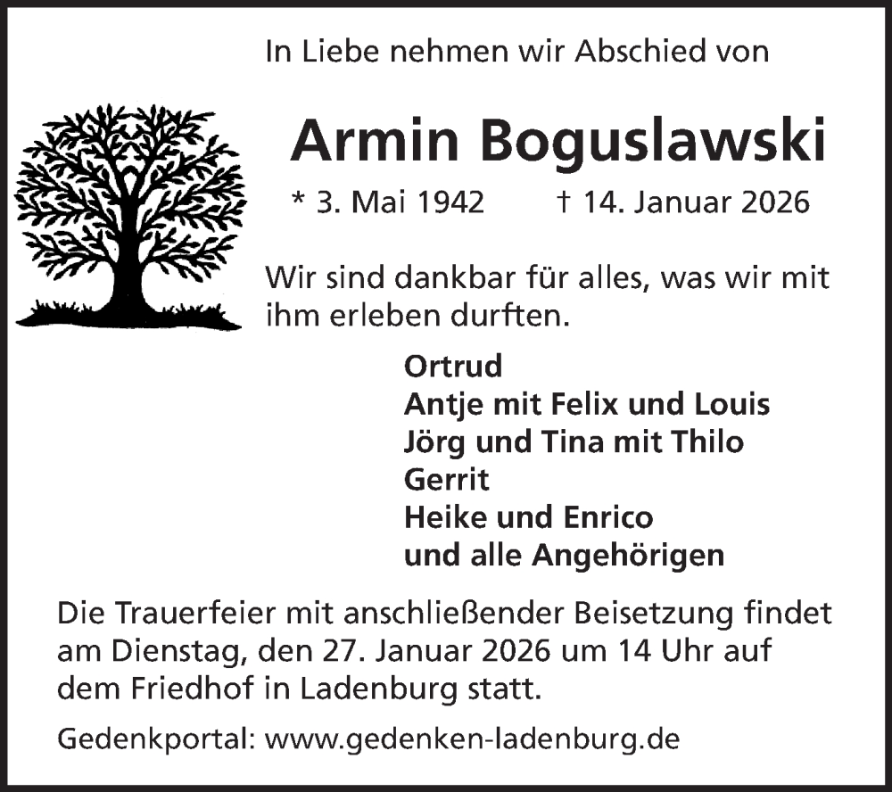  Traueranzeige für Armin Boguslawski vom 24.01.2026 aus Mannheimer Morgen