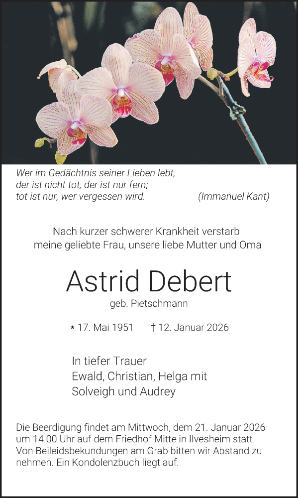  Traueranzeige für Astrid Debert vom 17.01.2026 aus Mannheimer Morgen