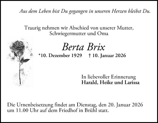 Traueranzeige von Berta Brix von Schwetzinger Zeitung