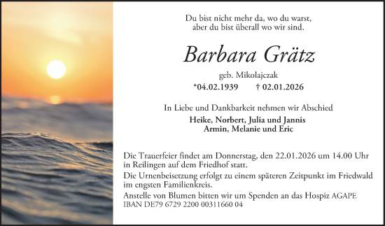Traueranzeige von Barbara Grätz von Schwetzinger Zeitung