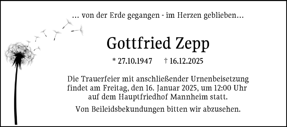  Traueranzeige für Gottfried Zepp vom 10.01.2026 aus Mannheimer Morgen
