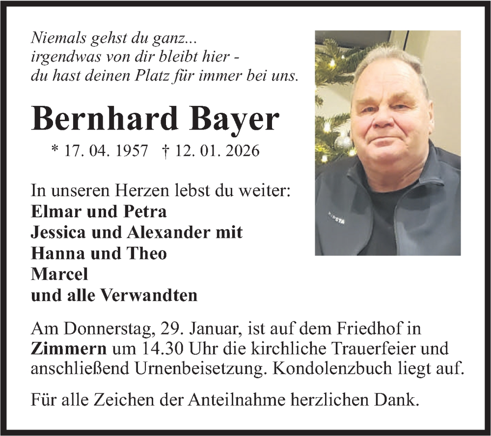  Traueranzeige für Bernhard Bayer vom 24.01.2026 aus Fränkische Nachrichten