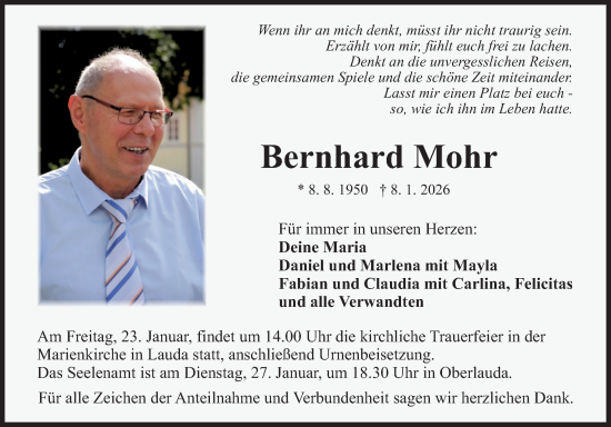 Traueranzeige von Bernhard Mohr von Fränkische Nachrichten