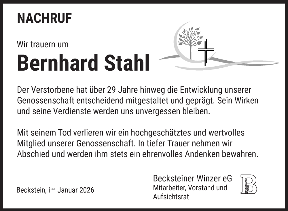  Traueranzeige für Bernhard Stahl vom 17.01.2026 aus Fränkische Nachrichten