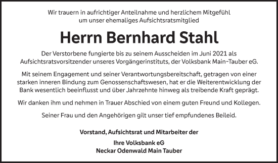 Traueranzeige von Bernhard Stahl von Fränkische Nachrichten