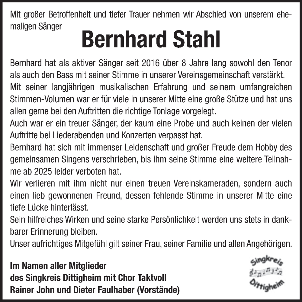  Traueranzeige für Bernhard Stahl vom 17.01.2026 aus Fränkische Nachrichten