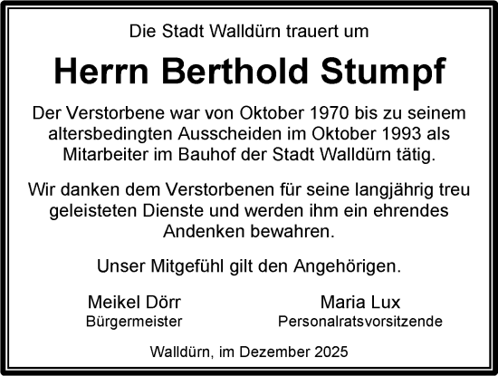 Traueranzeige von Berthold Stumpf von Fränkische Nachrichten