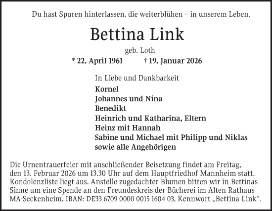Traueranzeige von Bettina Link von Mannheimer Morgen