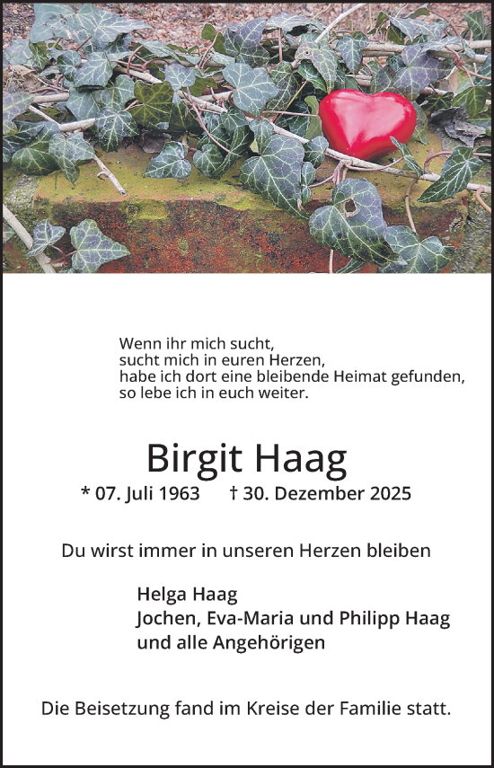 Traueranzeige von Birgit Haag von Mannheimer Morgen