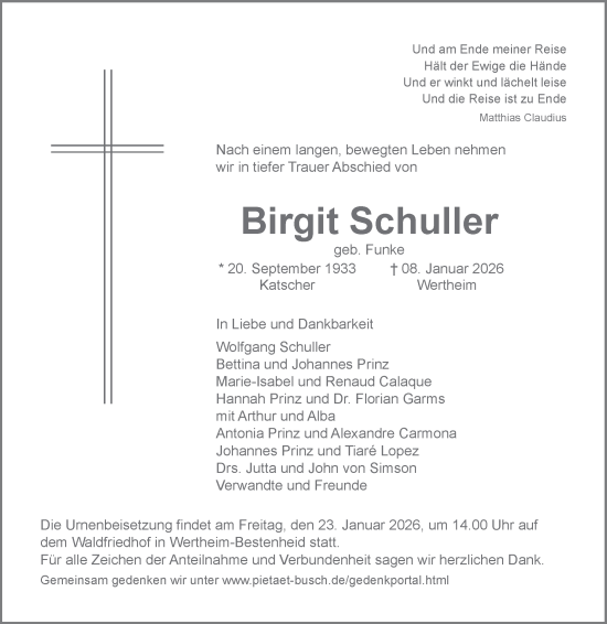 Traueranzeige von Birgit Schuller von Fränkische Nachrichten