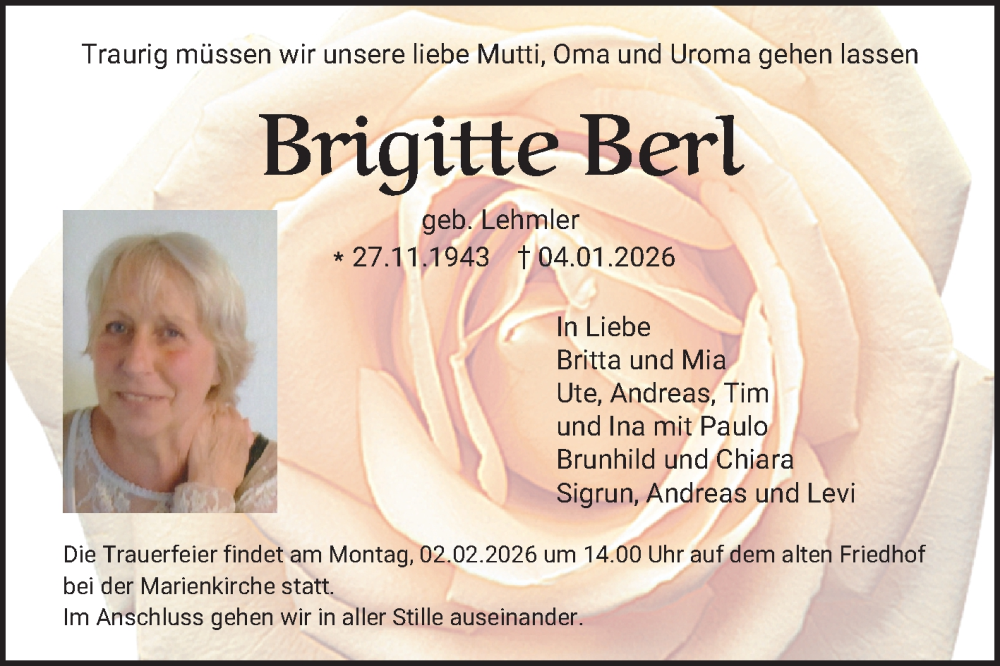  Traueranzeige für Brigitte Berl vom 17.01.2026 aus Fränkische Nachrichten
