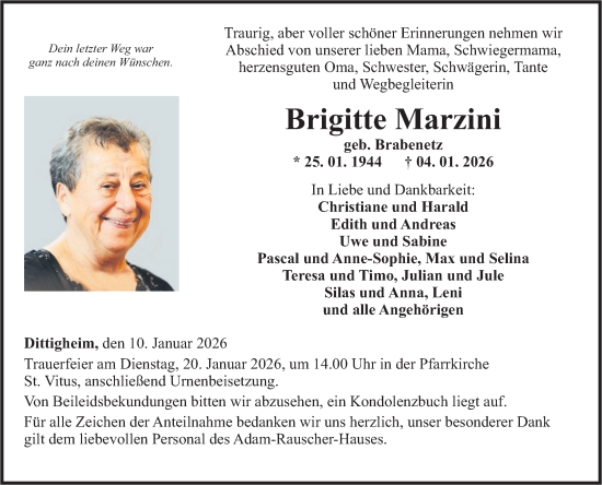 Traueranzeige von Brigitte Marzini von Fränkische Nachrichten