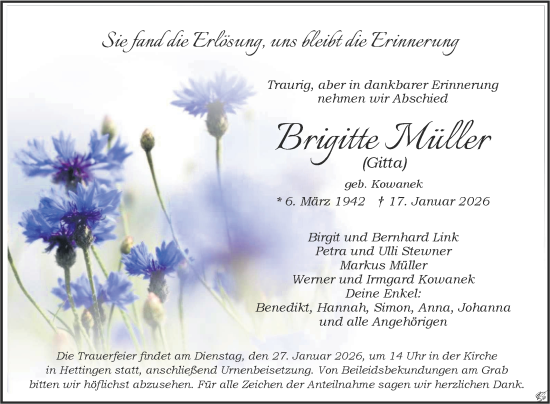 Traueranzeige von Brigitte Müller von Fränkische Nachrichten