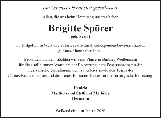 Traueranzeige von Brigitte Spörer von Fränkische Nachrichten