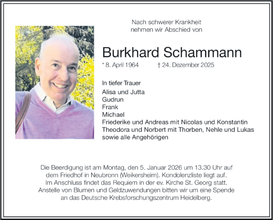 Traueranzeige von Burkhard Schammann von Fränkische Nachrichten