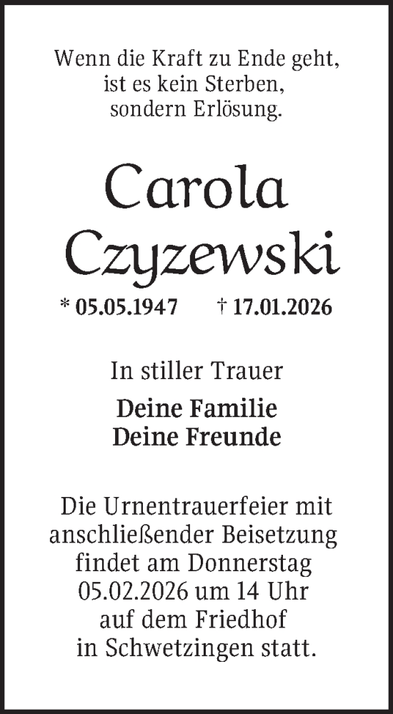 Traueranzeige von Carola Czyzewski von Schwetzinger Zeitung