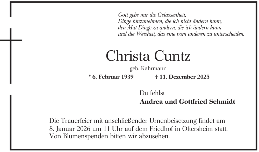  Traueranzeige für Christa Cuntz vom 03.01.2026 aus Schwetzinger Zeitung