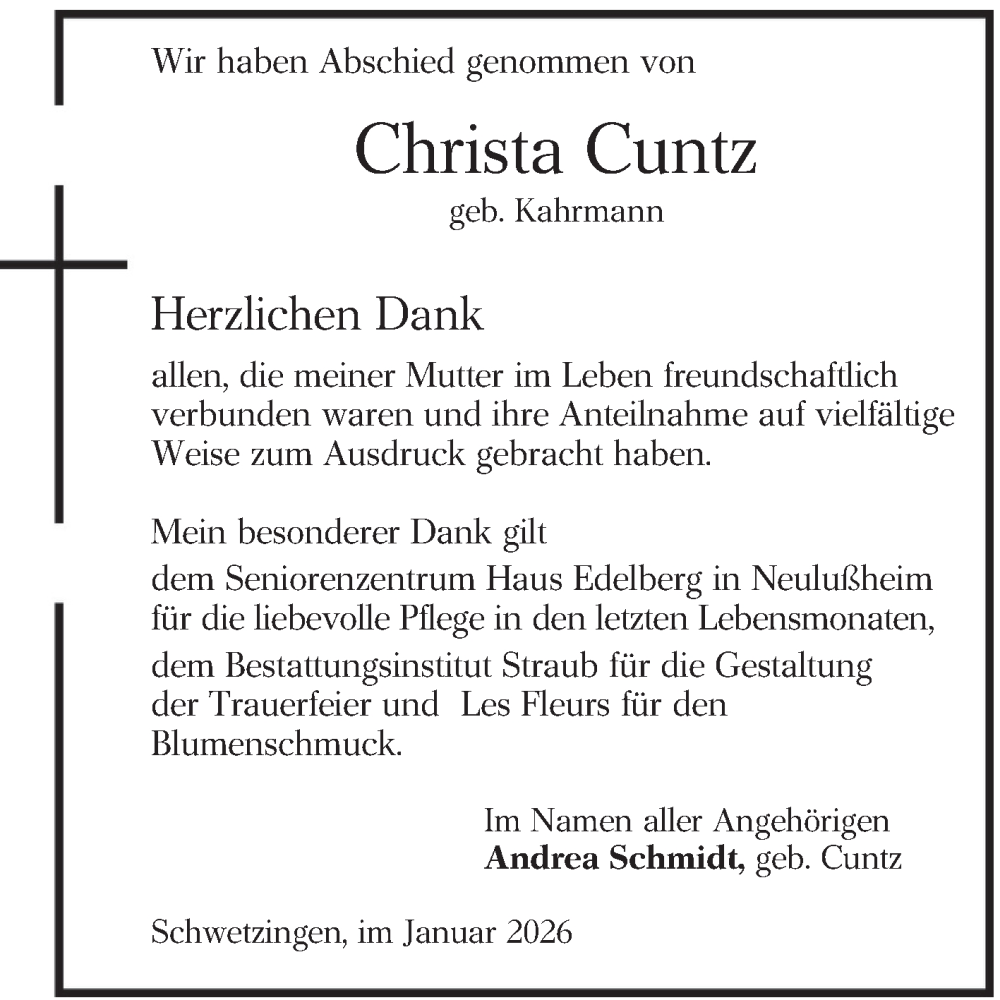  Traueranzeige für Christa Cuntz vom 24.01.2026 aus Schwetzinger Zeitung